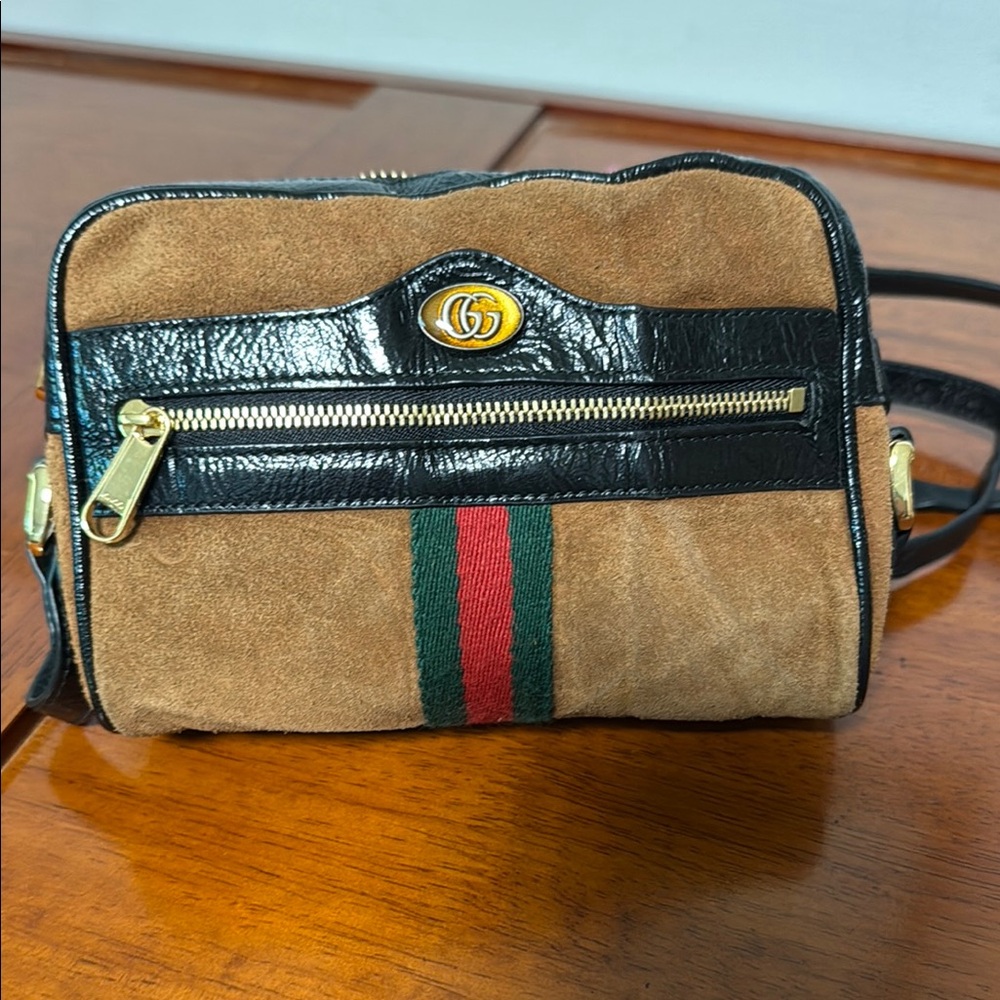 Gucci Brown Suede Crossbody with Black Trim and Green-Red Stripe